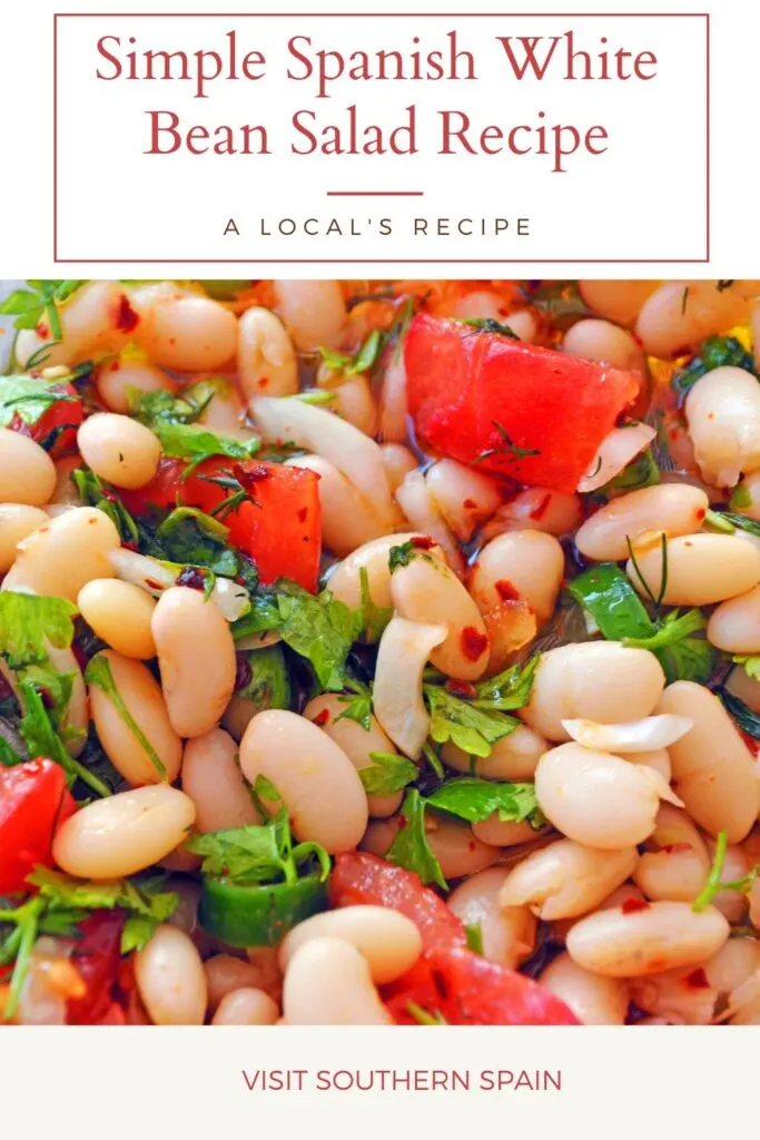 a pin with a closeup of a Spanish White Bean Salad Recipe