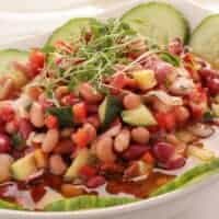 hot bean salad in a bowl with various vegetables