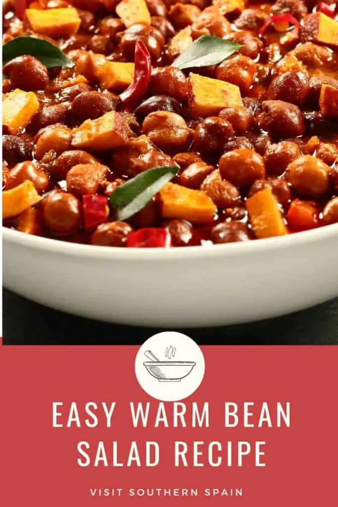 a pin with a bowl of Warm Bean Salad