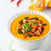 pumpkin and sweet potato soup from Spain in a bowl decorated with pieces of sweet potato
