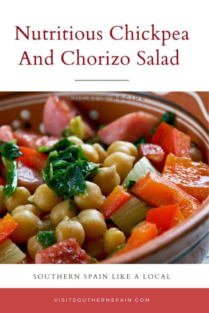 a pin with a bowl of Chickpea And Chorizo Salad