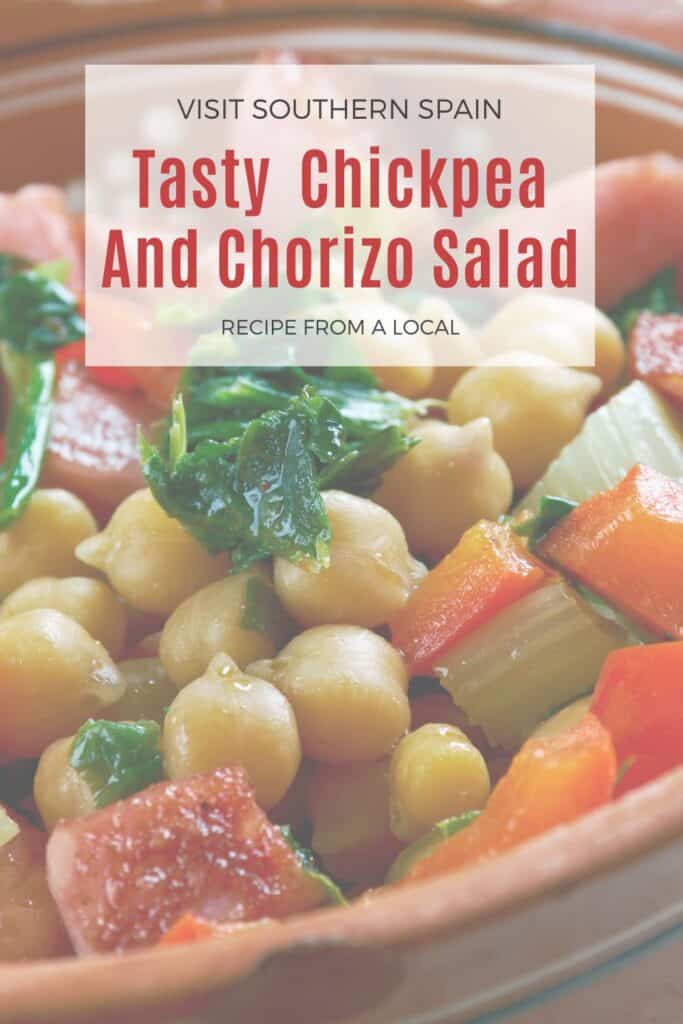 a pin with a closeup of a Chickpea And Chorizo Salad