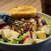 apple salad with chicken in a bowl served with a toast