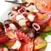closeup of a Smoked Octopus Salad with onion, tomatoes and olives