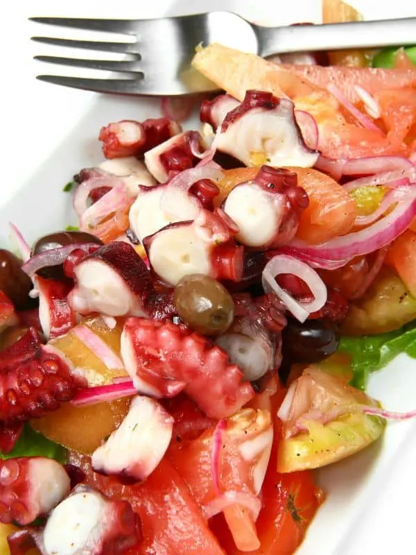 closeup of a Smoked Octopus Salad with onion, tomatoes and olives