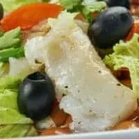 closeup of the catalan bean salad with olives and fish