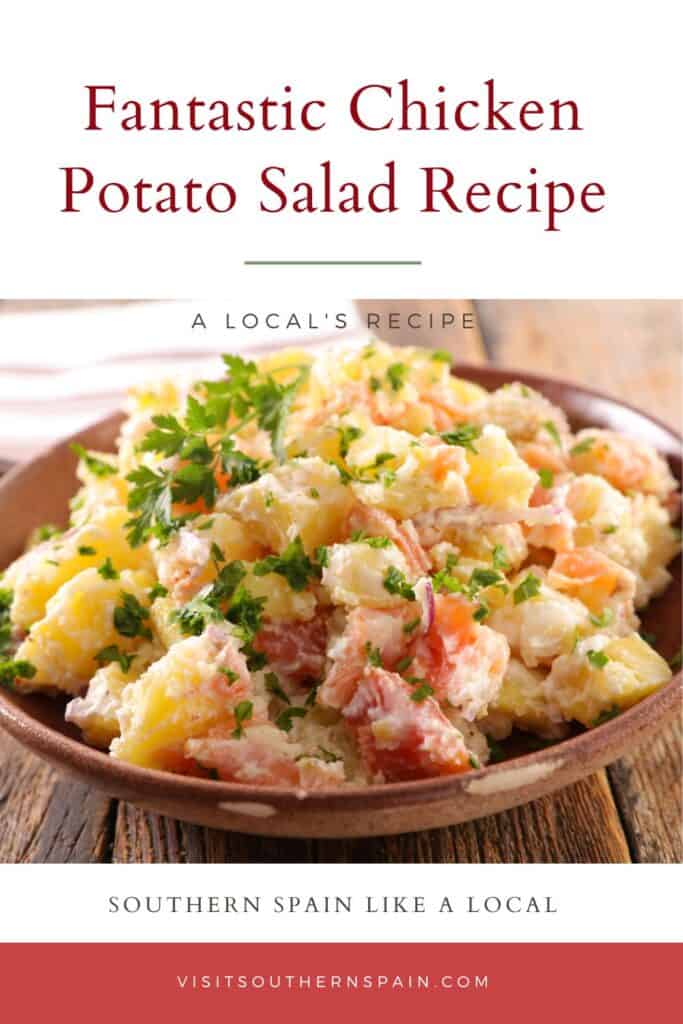 a pin with a Chicken Potato Salad in a clay bowl.