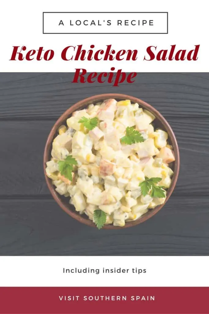 a pin with a bowl of Keto Chicken Salad Recipe