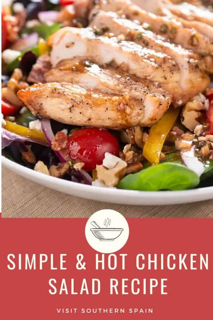 a pin with a bowl of Hot Chicken Salad Recipe