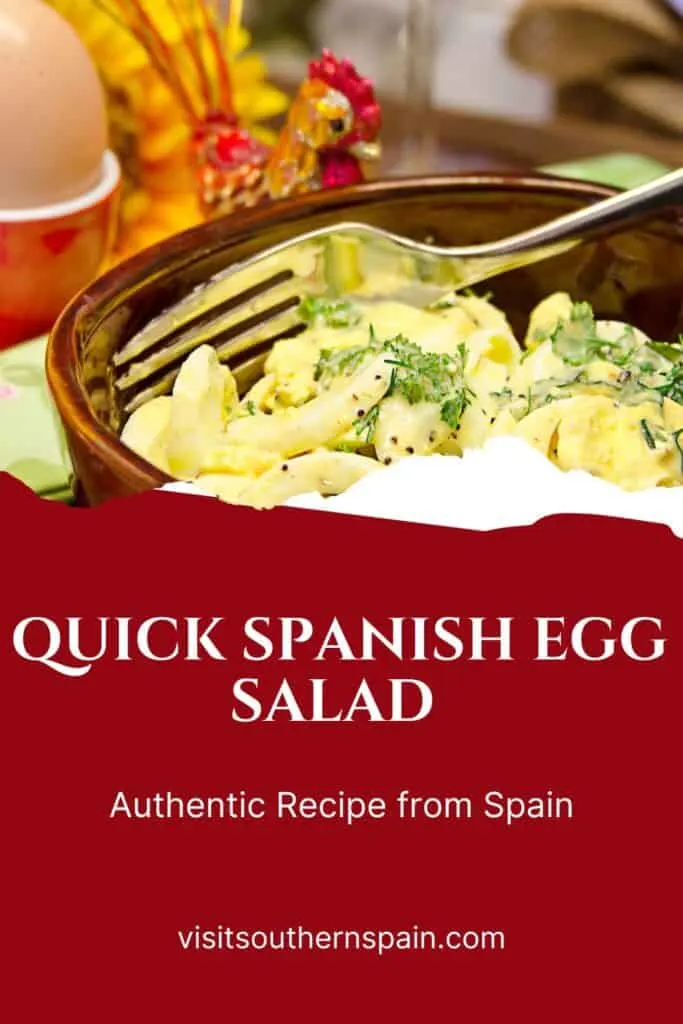 a pin with a Spanish Egg Salad in a clay bowl