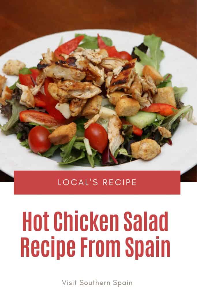 a pin with a plate of Hot Chicken Salad Recipe