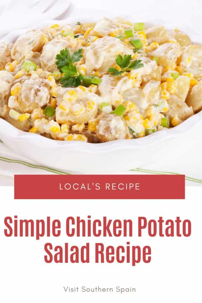 a pin with a bowl of Chicken Potato Salad decorated with corn.