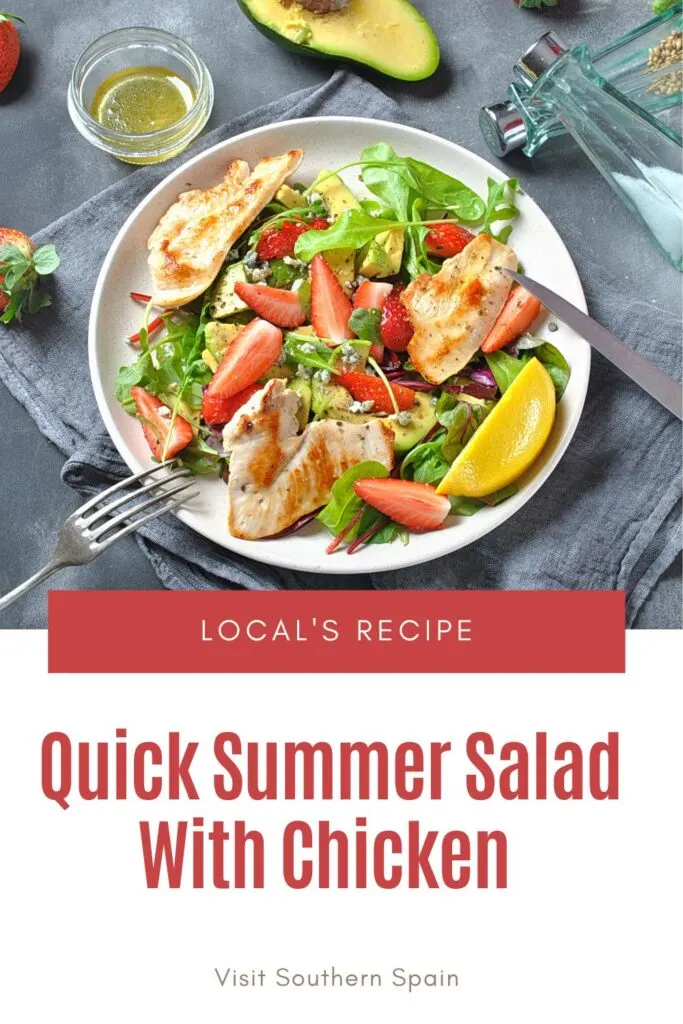 a pin with Summer Salad With Chicken and strawberries.