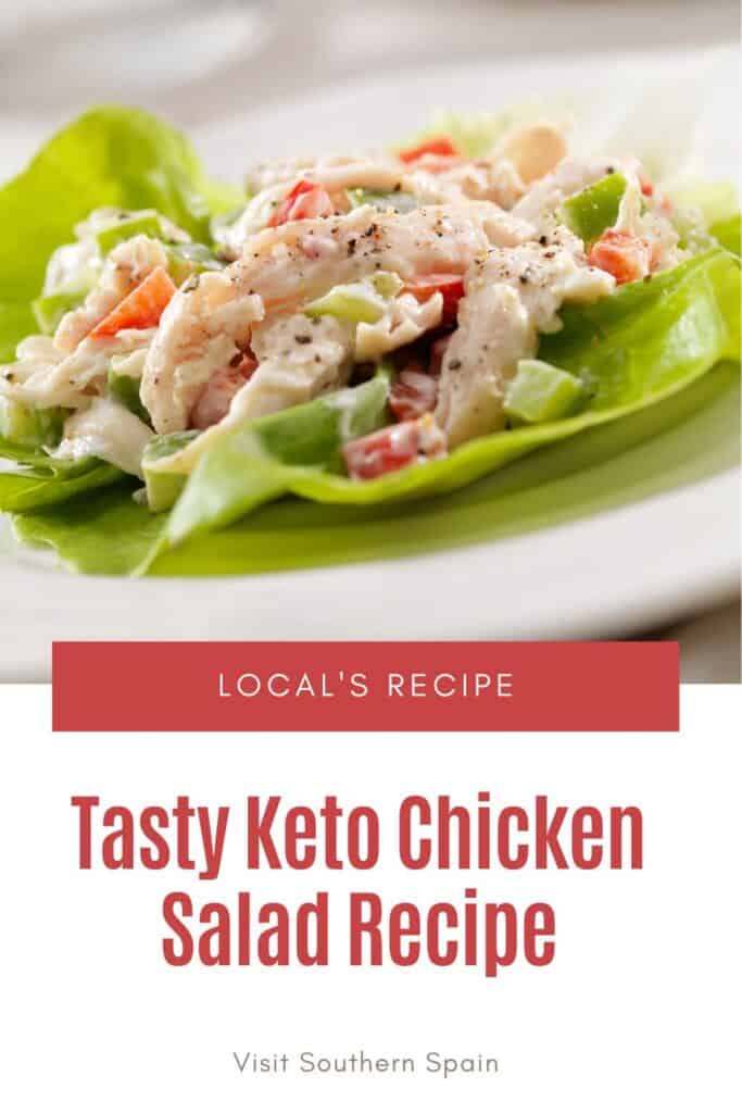 a pin with a Keto Chicken Salad Recipe on a lettuce leaf