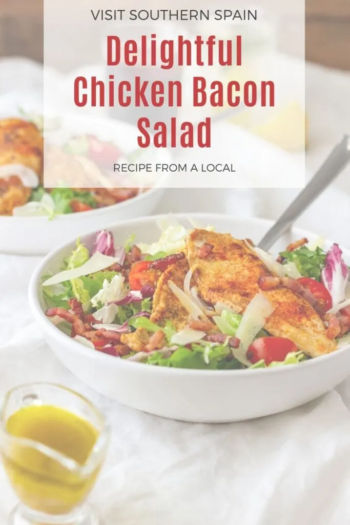 a pin with 2 bowls of chicken bacon salad