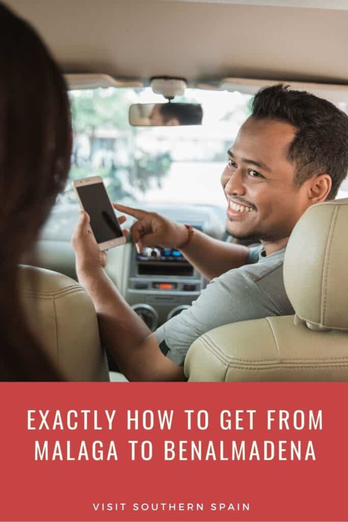 a person on the front of car seat pointing to his phone while talking to a woman at the back seat