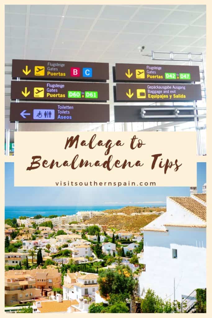 a sign at the airport in Malaga; a view of white houses and the sea