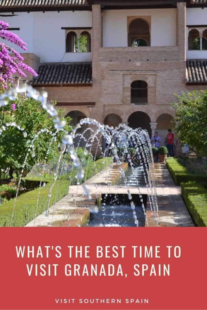 a fountain in the middle of a courtyard filled with flowers