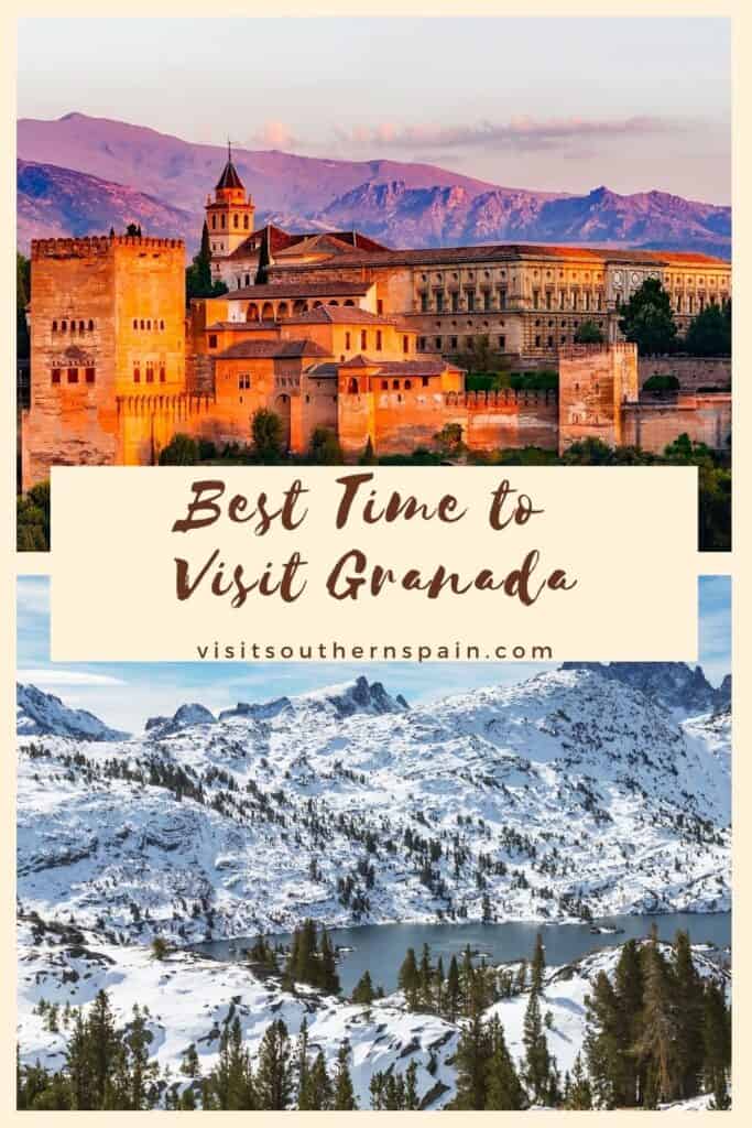 view of the ancient arabic fortress of Alhambra during sunset; a mountain covered in snow with pine trees