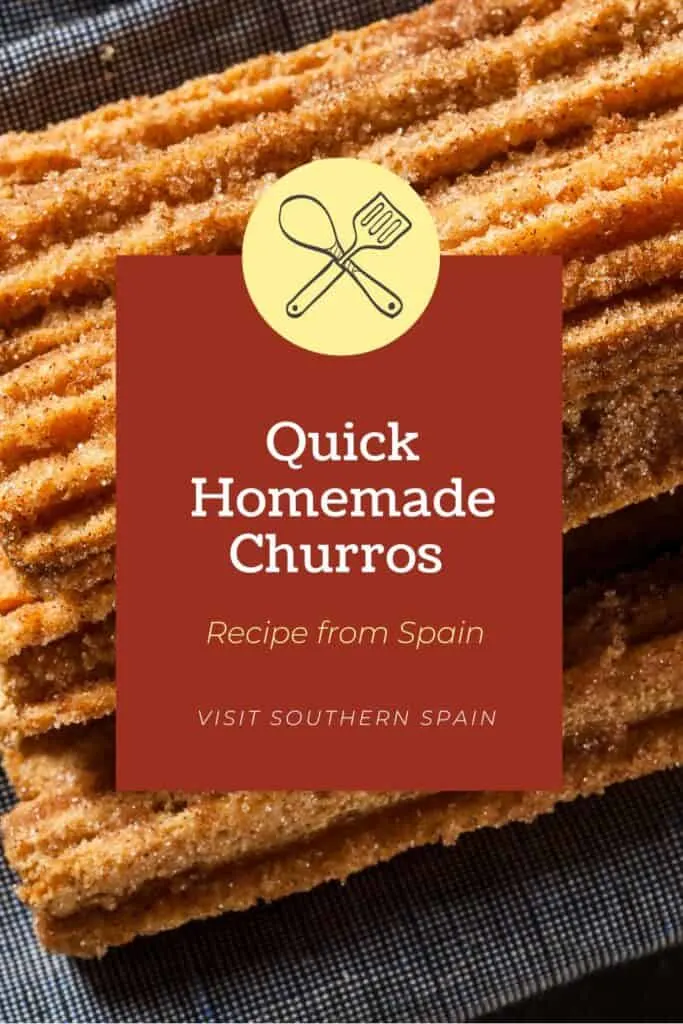 a pin with a closeup of Homemade Churros dusted in sugar