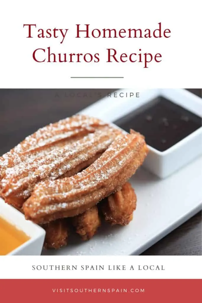 a pin with a few Homemade Churros served with chocolate sauce