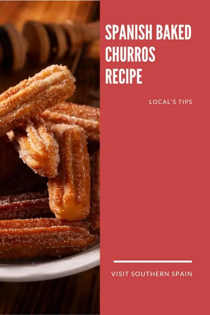 a pin with a closeup of Baked Churros