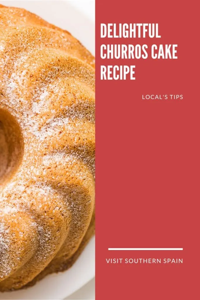 a pin with a closeup of a churros cake