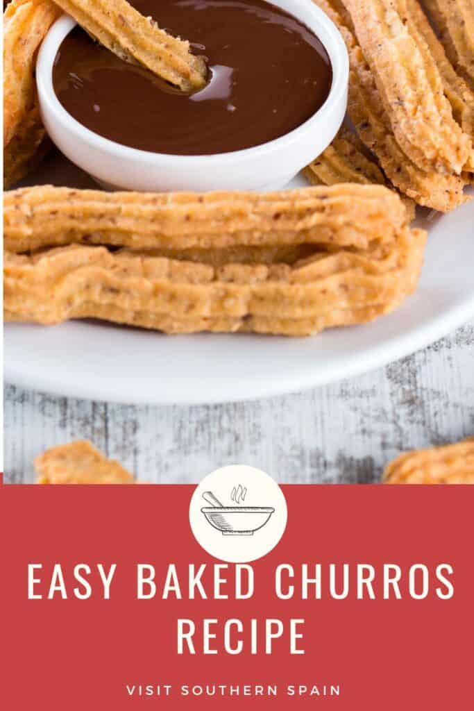 a pin with Baked Churros served with chocolate sauce.