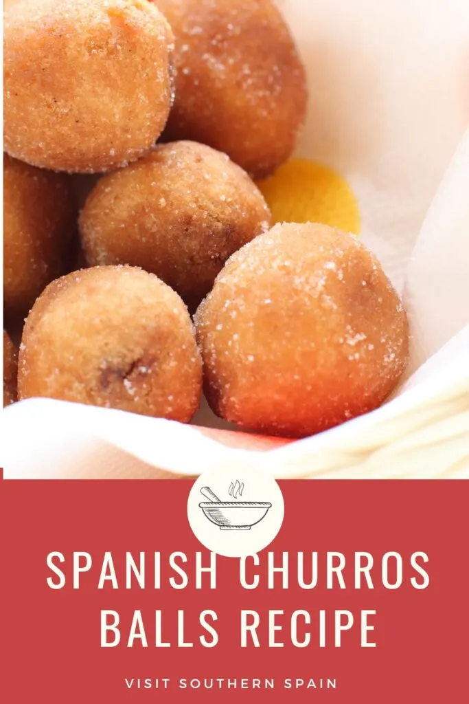 a pin with a closeup of churros balls recipe