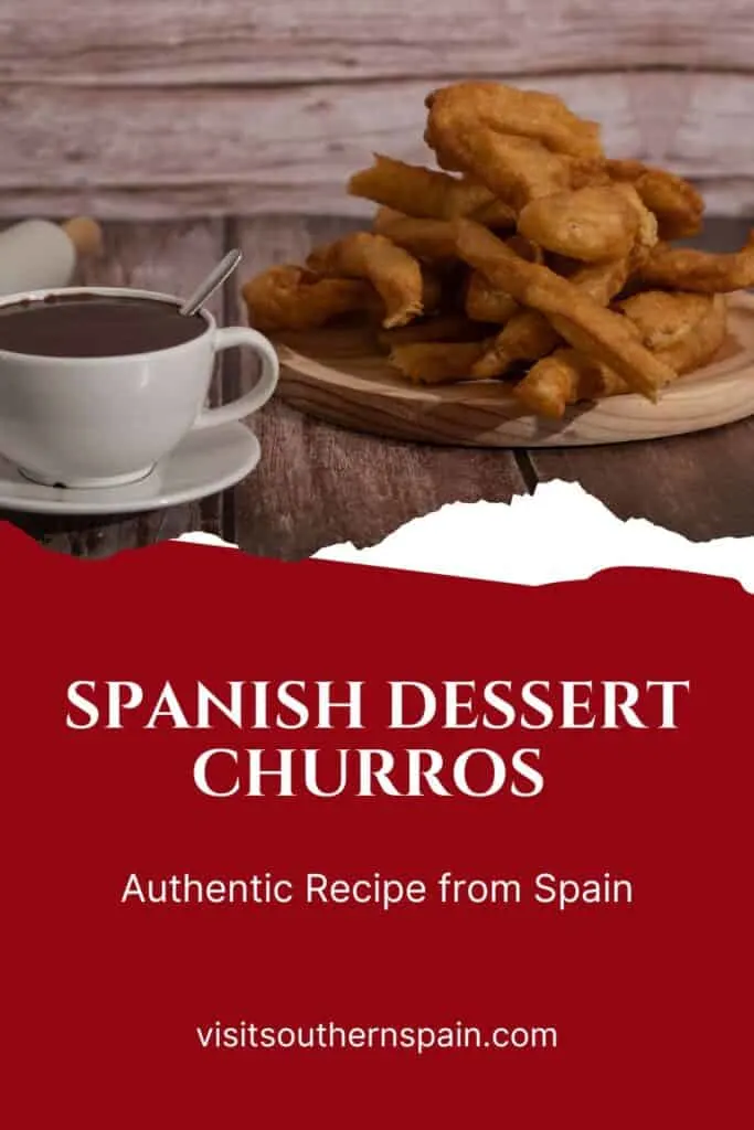 a pin with a plate of spanish dessert churros next to a cup of chocolate dip