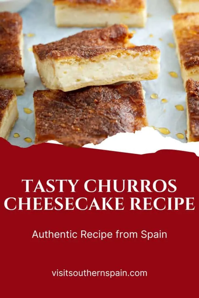 a pin with a closeup of a churros cheesecake