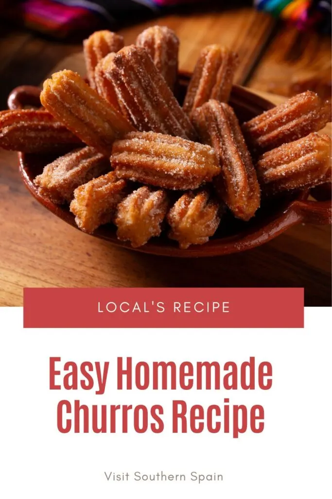 a pin with Homemade Churros in a wooden bowl.