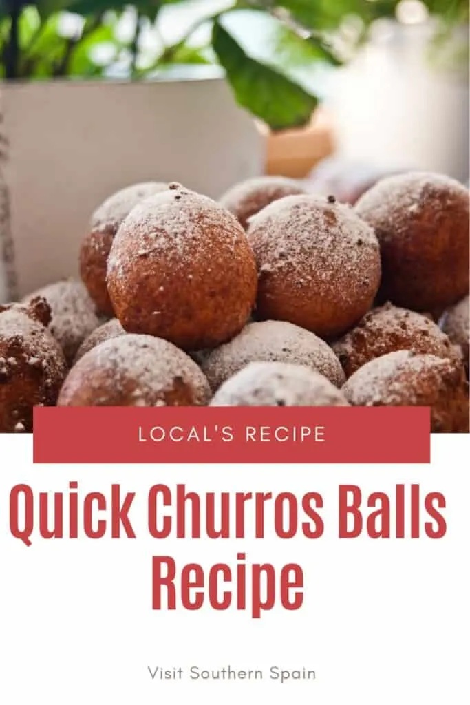 a pin with churros balls recipe dusted with sugar