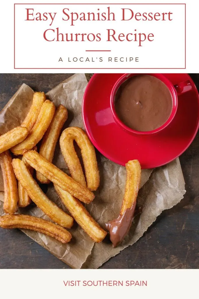 a pin with spanish dessert churros with chocolate sauce.