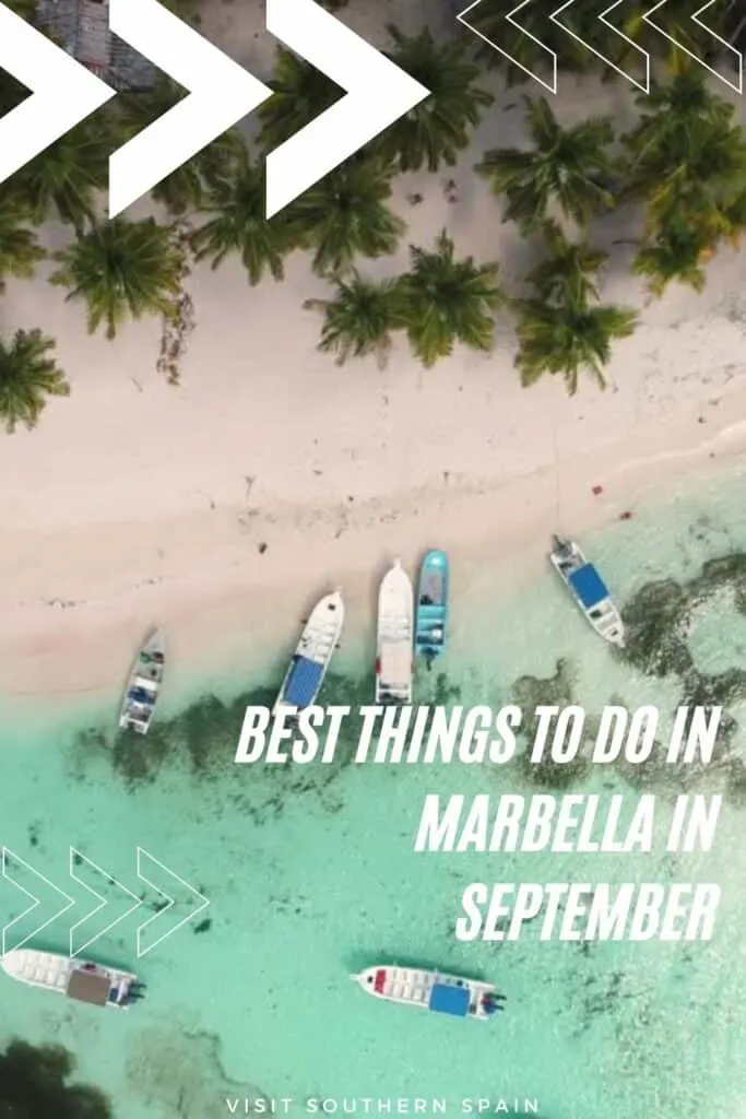 an aerial view of small boats by the beach with trees and clear waters