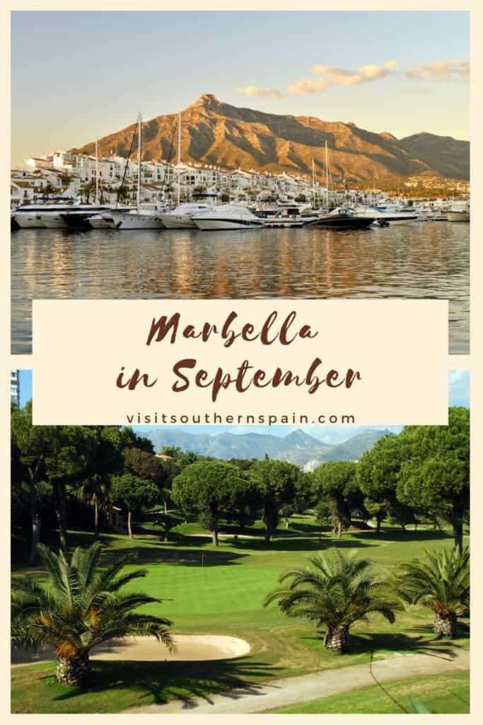 a port in Marbella seen from the water; a golf course surrounded by palm trees and mountains