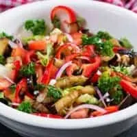 closeup of a spanish eggplant salad in a bowl