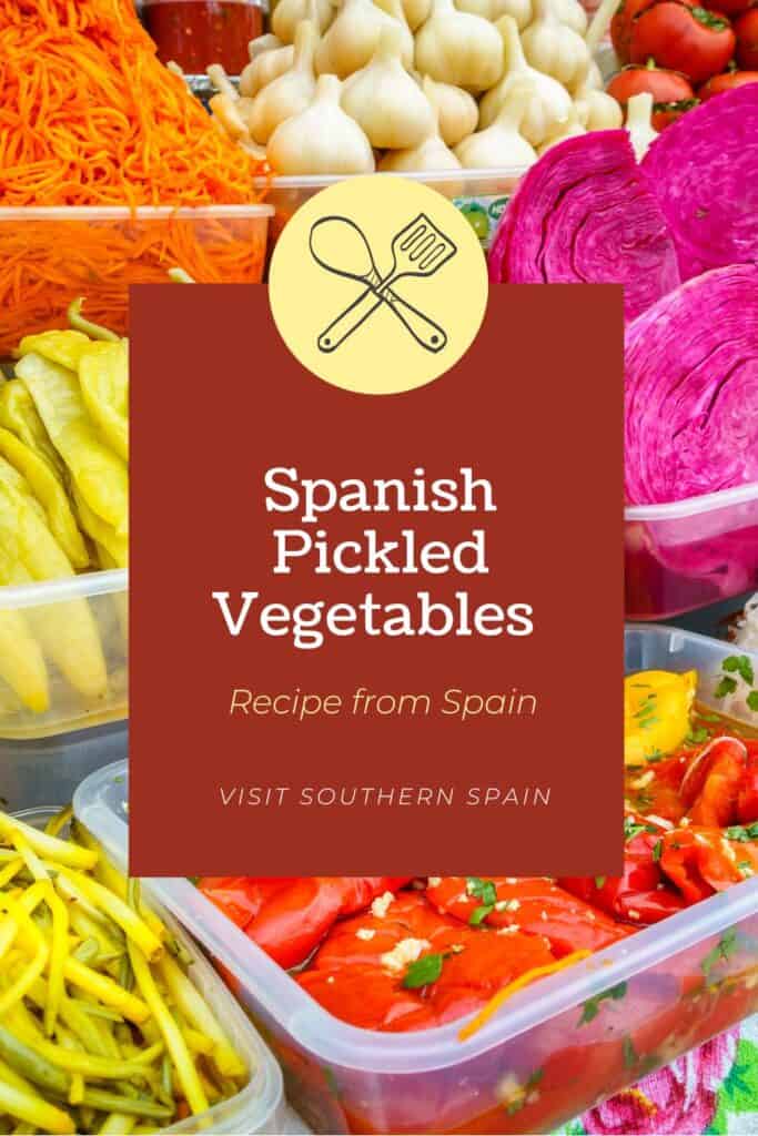 a pin with a closeup of spanish pickled vegetables