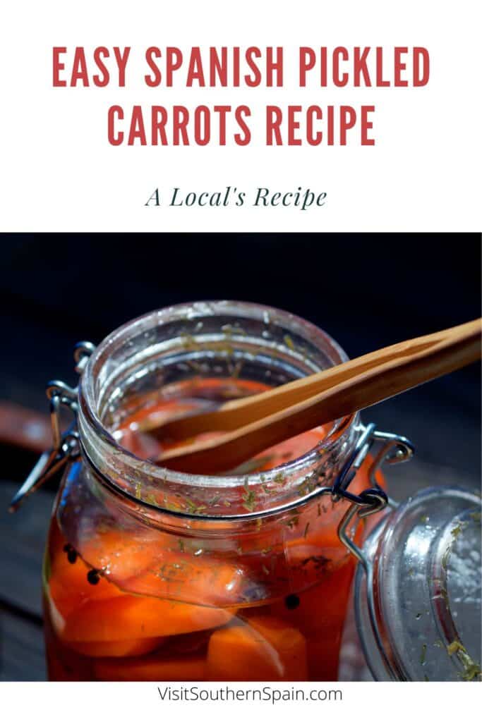 a pin with an opened jar of spanish pickled carrots