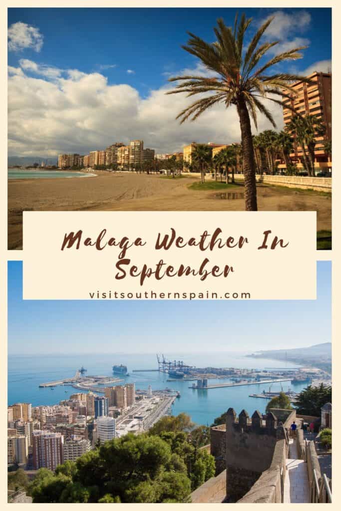 a pin with a photo collage related to Malaga weather in September