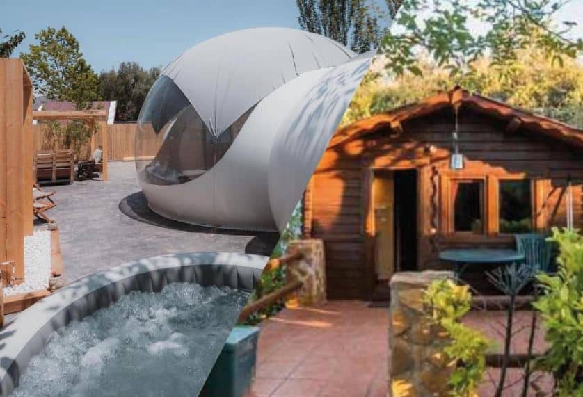 a photo collage with 2 type of accommodation at Fuente del Lobo Glamping & Bungalows - Adults Only in Granada