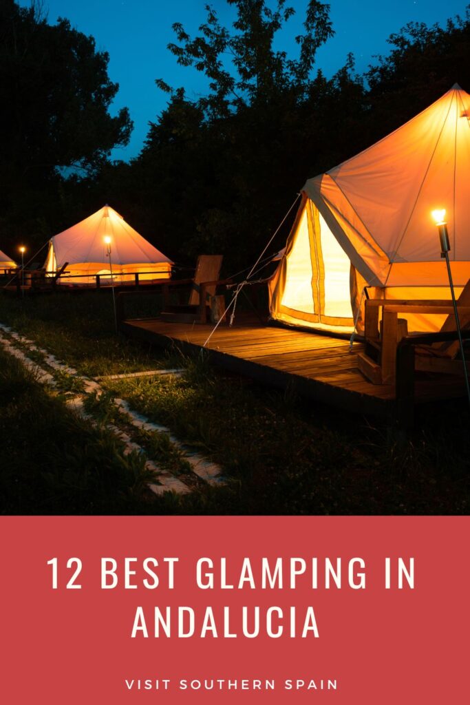 a pin with Glamping in Andalucia, an area with glamping tents at night