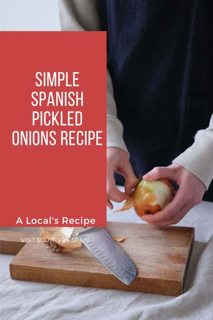 a pin with a man pealing an onion for the spanish pickled onions