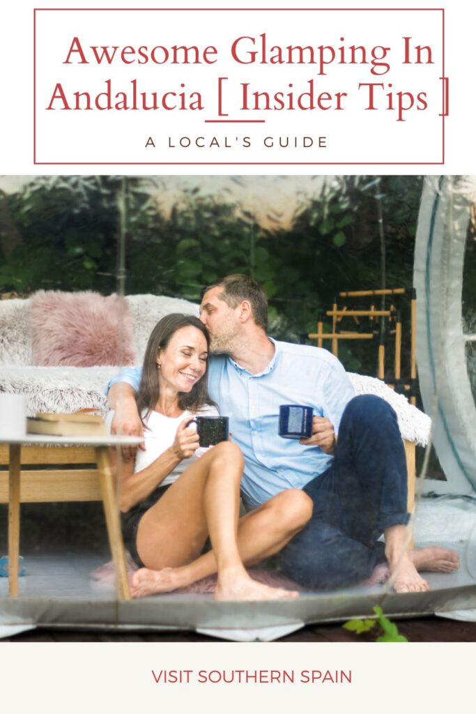 a pin with a couple drinking coffee by in a glamping tent, Glamping in Andalucia