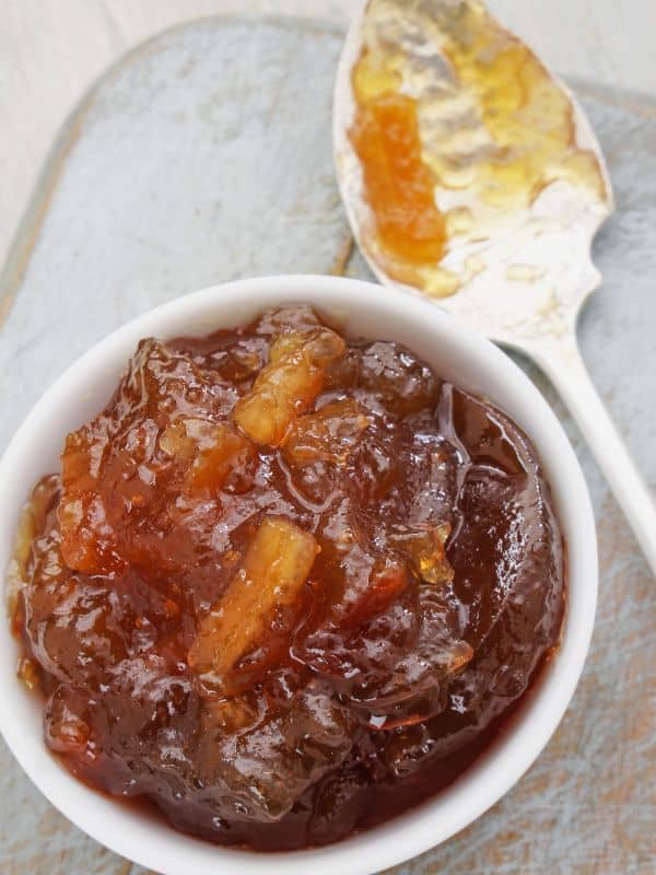 Seville orange marmalade in a white bowl