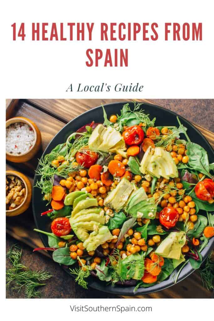 a pin with a healthy salad. Healthy recipes from Spain