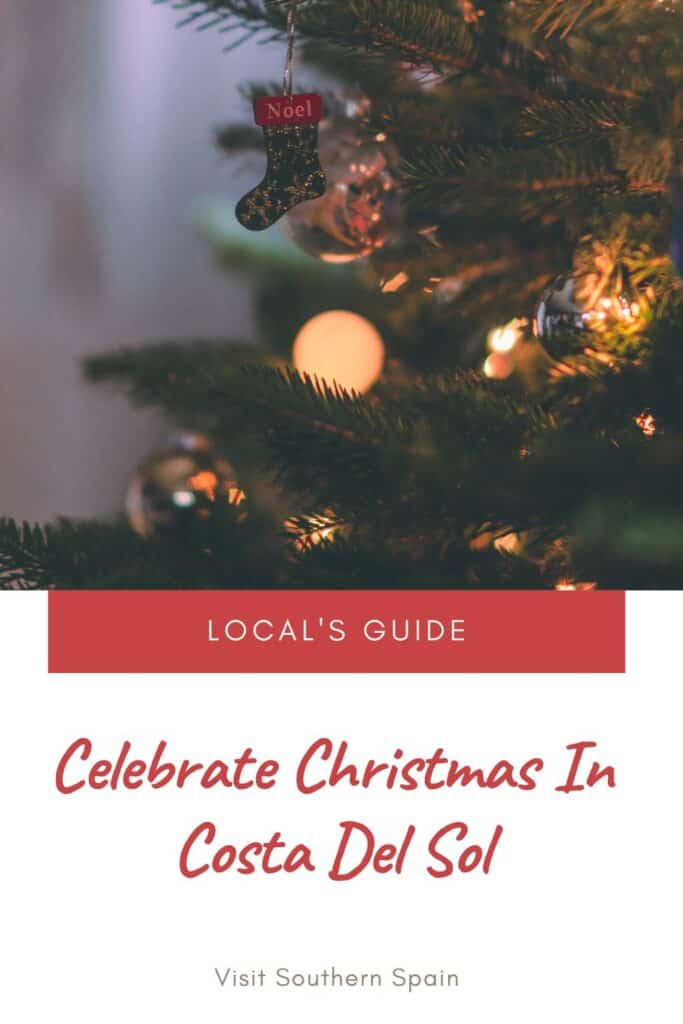 a pin with a closeup of a christmas tree for christmas in costa del sol