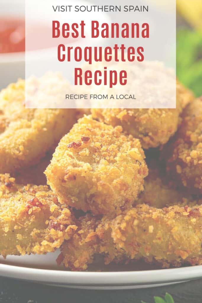 a pin with a closeup of banana croquettes