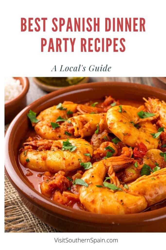 a pin with Spanish garlic chicken, one of the best spanish dinner party recipes