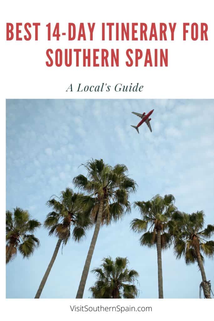 a pin with a plan flying over palm trees in Andalucia, 14-Day Itinerary for Southern Spain
